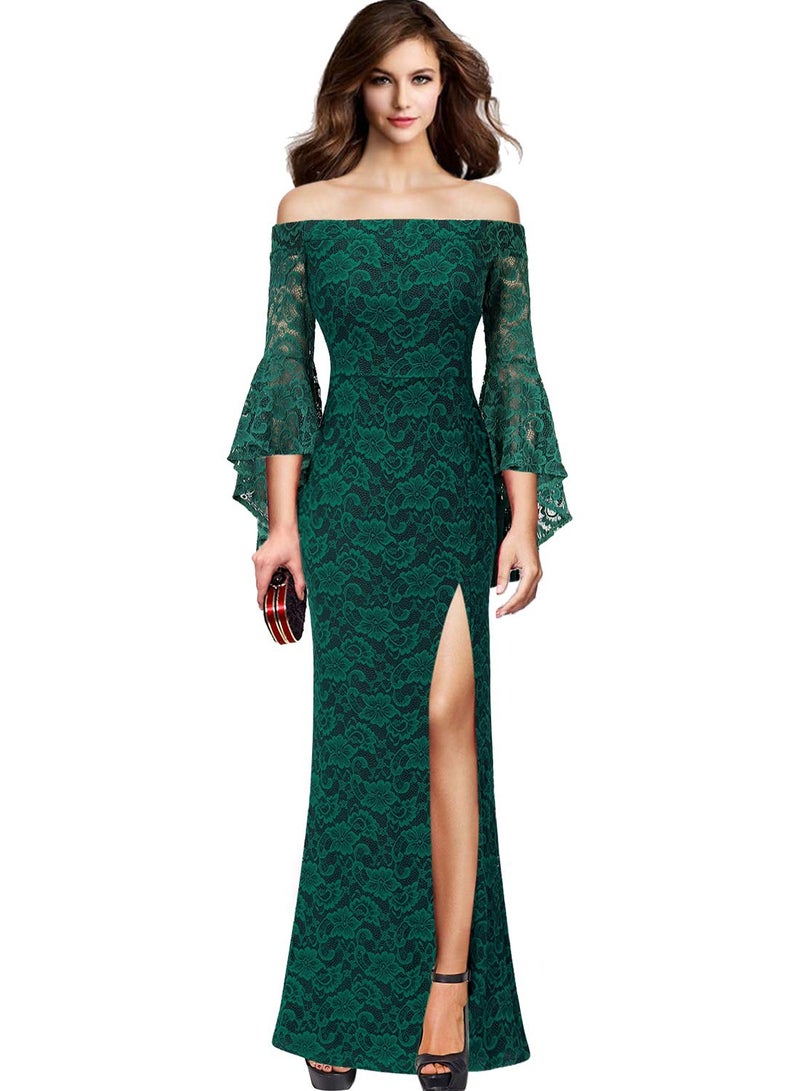 VFSHOW Womens Floral Lace Off Shoulder Bell Sleeve Formal Evening Maxi Dress 1810 GRN M - Image 2